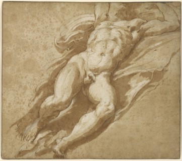Figure Study; Parmigianino, Francesco Mazzola, Italian, 1503 - 1540, 1526–1527; Pen and brown ink, brown wash, with white