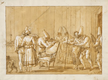Punchinello Is Helped to a Chair; Giovanni Domenico Tiepolo, Italian, 1727 - 1804, Italy; about 1791; Pen and brown ink, brush