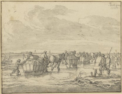 A Scene on the Ice with Skaters and Wagons; Pieter Molijn, Dutch, 1595 - 1661, 1655; Black chalk with gray wash; 14.9 x 19.4 cm
