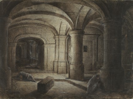 The Crypt of a Church with Two Men Sleeping; Hendrick van Steenwijck the Younger, Flemish, 1580 - 1649, Netherlands; possibly