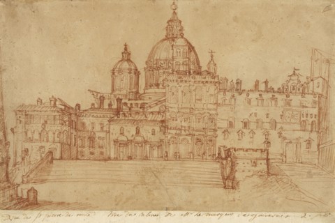 View of Saint Peter's, recto, Study of a Young Man, verso, Federico Zuccaro, Italian, about 1541 - 1609, Italy; 1603; Red