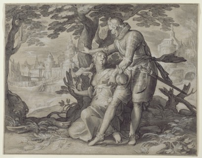 Young Woman Assisted by a Gentleman; Joachim Anthonisz. Wtewael, Dutch, 1566 - 1638, about 1609 - 1611; Pen and black ink, gray