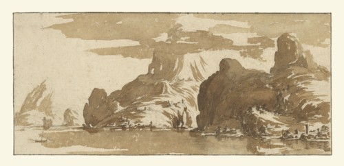 A View of Mountains across a Lake; Jacques Callot, French, 1592 - 1635, about 1632; Brush and brown wash over black chalk