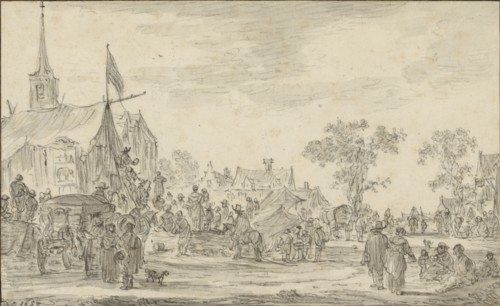 A Village Festival with Musicians Playing Outside a Tent; Jan van Goyen, Dutch, 1596 - 1656, 1653; Black chalk and gray wash