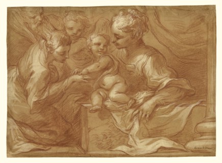 Mystic Marriage of Saint Catherine; Bartolomeo Biscaino, Italian, 1632 - 1657, Italy; about 1655; Red chalk with white gouache