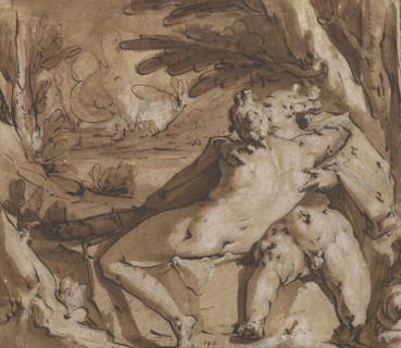 Embracing Couple, Mercury and Lara?, Jan Harmensz. Muller, Dutch, 1571 - 1628, 1588 - about 1594; Black chalk, pen and brown