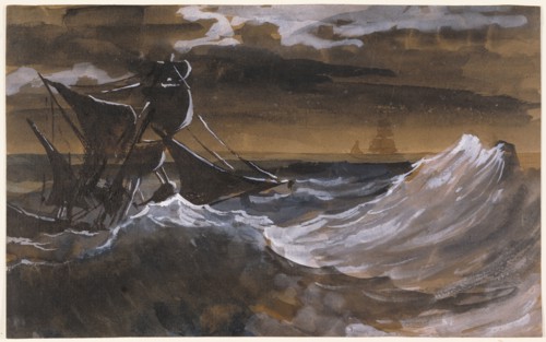 Sailboat on the Sea; Théodore Géricault, French, 1791 - 1824, about 1818 - 1819; Brush and brown wash, blue watercolor, opaque