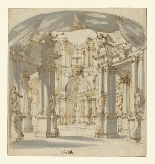 The Courtyard of a Palace: Project for a Stage; Filippo Juvarra, Italian, 1678 - 1736, 1713; Pen and brown ink, gray and brown