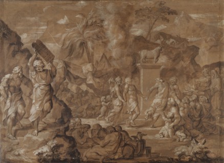 The Israelites Dancing around the Golden Calf; Sébastien Bourdon, French, 1616 - 1671, France; about 1645; Pen and brown ink
