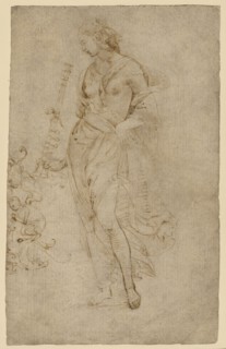 Female Figure with a Tibia, and Ornamental Studies, recto, Ornamental Studies, verso, Attributed to Raphael Raffaello Sanzio