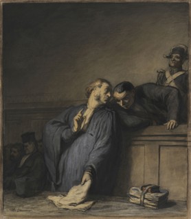 A Criminal Case; Honoré Daumier, French, 1808 - 1879, France; about 1865; Watercolor and gouache with pen and brown ink