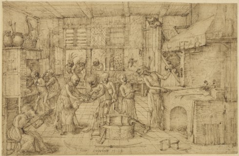 A Scene in a Forge; Jan Verbeeck, Flemish, active about 1548 - 1560, 1548; Pen and brown ink; 18.4 x 27.9 cm, 7 1,4 x 11 in