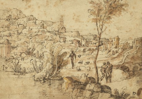 Landscape with Shepherds by a River and a Town Beyond, recto, Figure Studies and Roman Ruins, verso, Jan van Scorel or
