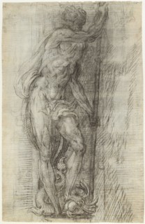 Neptune; Giulio Campi, Italian, about 1508 - 1573, Italy; 1541; Black chalk, the principle lines indented, recto, Rubbed with