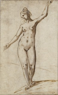 Female Nude; Karel van Mander, Dutch, 1548 - 1606, Holland; about 1590; Pen and brown ink and grayish brown wash over black