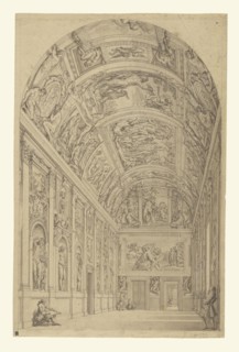 View of the Farnese Gallery, Rome; Francesco Panini, Italian, 1745 - 1812, Italy; about 1775; Pen and black ink and gray wash