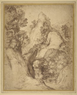 Rocky Landscape with a Waterfall; Girolamo Muziano, Italian, 1528 ? - 1592, about 1570 - 1575; Pen and brown ink; 48.1 x 38.6