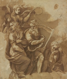 Victory, Janus, Chronos & Gaea; Giulio Romano, Giulio Pippi, Italian, before 1499 - 1546, about 1532 - 1534; Pen and brown ink