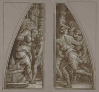 Bearded Man Filling a Glass: Youth Running; Giorgio Vasari, Italian, 1511 - 1574, about 1544 - 1545; Pen and brown ink