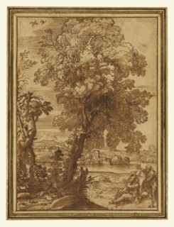 Landscape with the Holy Family, Rest on the Flight into Egypt, Alessandro Algardi, Italian, 1598 - 1654, and Giovanni