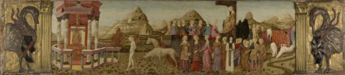 Triumph of Chastity; Francesco di Giorgio Martini, Italian, Sienese, 1439 - 1501, mid-1460s; Tempera on panel; 38.7 x 170.4 cm