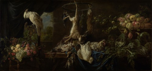 Still Life: Game, Vegetables, Fruit, Cockatoo; Adriaen van Utrecht, Flemish, 1599 - 1652, 1650; Oil on canvas; 120 × 250.5 cm