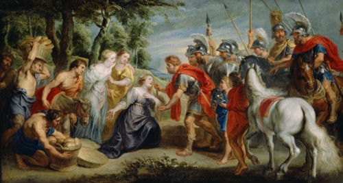 David Meeting Abigail; Workshop of Peter Paul Rubens, Flemish, 1577 - 1640, about 1620s; Oil on canvas; 123.2 × 228 cm
