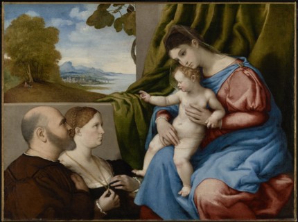 Madonna and Child with Two Donors; Lorenzo Lotto, Italian, Venetian, about 1480 - 1556, about 1525 - 1530; Oil on canvas