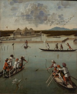 Hunting on the Lagoon, recto, Letter Rack, verso, Vittore Carpaccio, Italian, about 1460 - 1526, Venice, Veneto, Italy