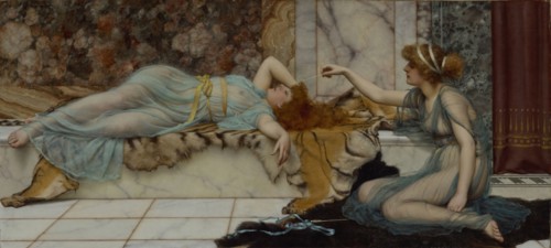 Mischief and Repose; John William Godward, English, 1861 - 1922, 1895; Oil on canvas; 60.6 × 133 cm, 23 7,8 × 52 3,8 in