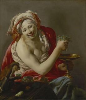Bacchante with an Ape; Hendrick ter Brugghen, Dutch, 1588 - 1629, 1627; Oil on canvas; 102.9 × 89.2 cm, 40 1,2 × 35 1,8 in