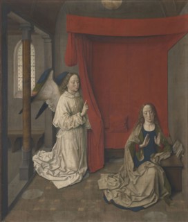 The Annunciation; Dieric Bouts, Netherlandish, about 1415 - 1475, Louvain, Belgium; about 1450–1455; Distemper on linen
