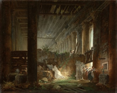 A Hermit Praying in the Ruins of a Roman Temple; Hubert Robert, French, 1733 - 1808, about 1760; Oil on canvas; 57.8 × 70.5 cm