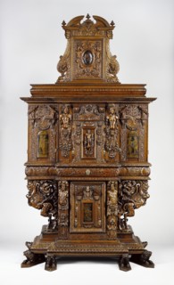 Cabinet; Burgundy, France; 1580; minor additions in late 1850s; Walnut, oak, paint, and iron; linen-and-silk lining