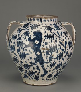 Two-Handled  Oak-Leaf  Drug Jar; Florence, probably, Tuscany, Italy; about 1425 - 1450; Tin-glazed earthenware