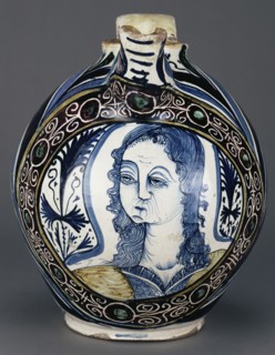 Jug with Medallion Bust, Brocca, Deruta or Montelupo, Italy; about 1460 - 1490; Tin-glazed earthenware; 34.6 x 33 x 9.8 cm