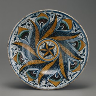 Peacock-Pattern Dish, Piatto, Deruta, probably, Italy; about 1470 - 1500; Tin-glazed earthenware; 6.4 × 39.1 cm
