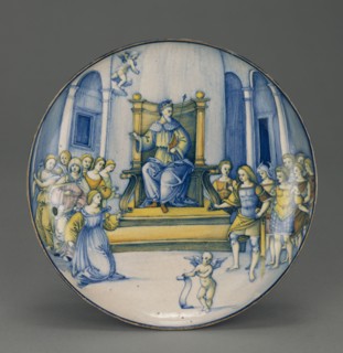 Dish with Amata and Turnus; Faenza, probably, Emilia-Romagna, Italy; about 1515 - 1525; Tin-glazed earthenware; 5.4 x 24.6 cm