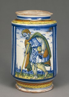 Cylindrical Drug Jar; Faenza, Emilia-Romagna, Italy; early 16th century; Tin-glazed earthenware; 24.8 × 15.9 × 12.9 cm