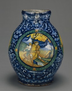 Berretino Jug with a Musical Theme; Faenza, Emilia-Romagna, Italy; 1536; Tin-glazed earthenware; 32.5 x 13.3 x 26 cm