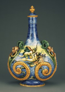 Pilgrim Flask with Marine Scenes; Workshop of Orazio Fontana, Italian, 1510 - 1571, Urbino, Italy; about 1560 - 1570