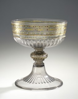 Footed Bowl; Venice, Veneto, Italy; early 16th century; Free- and mold-blown colorless, slightly purple, glass with gold leaf