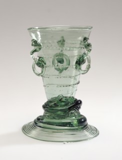 Ring Beaker, Ringbecher, Germany; early 17th century; Free-blown blue-green glass with applied decoration; 12.1 x 7.8 x 8.7 cm