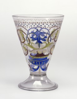 Goblet; Venice, Veneto, Italy; late 15th - early 16th century; Free-blown colorless glass with gold leaf and enamel decoration