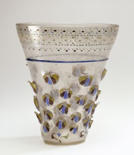 Bowl of a Footed Beaker; about 1525 - 1575; Free-blown colorless, purplish-brown, glass with gold leaf, enamel, and diamond