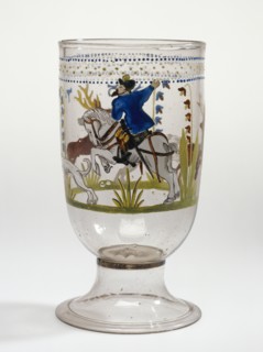 Hunt Goblet; Bohemia, Czech Republic; 1576; Free-blown colorless, purplish-brown, glass with gold leaf and enamel decoration