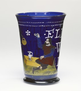 Beaker; Northern Bohemia, probably, Czech Republic; 1599; Free-blown cobalt-blue glass with gold leaf and enamel decoration