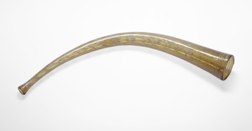 Horn and Case; Façon de Venise, Spain, possibly, 17th or 18th century; Free-blown amber glass with lattimo canes