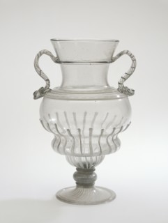 Double-Handled Vase; Venice, Veneto, Italy; 1550 - 1570; Free-blown colorless, slightly gray, glass with lattimo canes