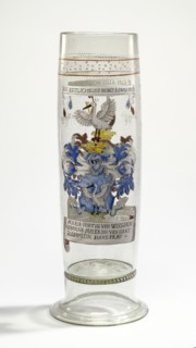 Beaker with Arms of Hirt and Maier; The Böhmerwald, Germany; 1590; Free-blown colorless, slightly greenish-purple, glass